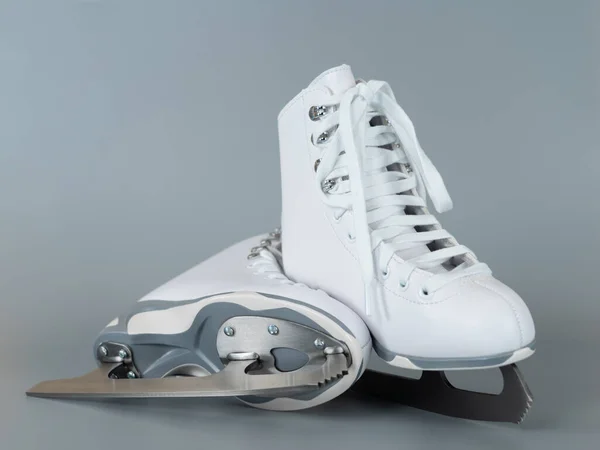 Pair White Figure Ice Skates Shoes Blank Gray Background — Zdjęcie stockowe