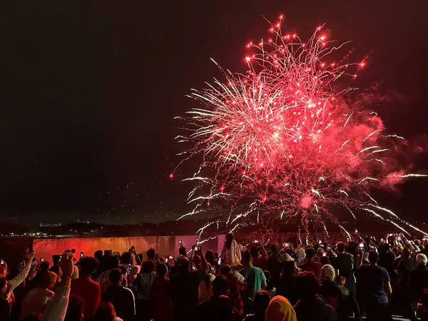 Bir grup insan gece toplandı ve Niagara Şelalesi, Ontario, Kanada 'da gökyüzünü aydınlatan canlı bir havai fişek gösterisi izlediler..