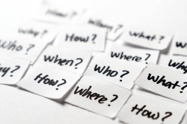 Her biri kara kalemle yazılmış temel bir soru taşıyan küçük kağıt parçalarının toplanması nasıl, ne zaman, nerede, neden ve kim, soruşturmayı, merakı ve bilgi arayışını sembolize eder..