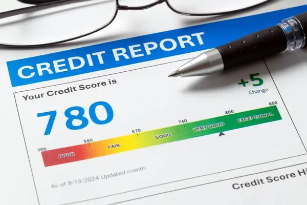 stock image Credit report showing a good credit score of 780, along with a pen and eyeglasses, the score is marked as very good and there is a 5 points increase.