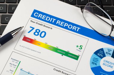 Credit report showing a good credit score of 780, along with a pen and eyeglasses, the score is marked as very good and there is a 5 points increase. clipart