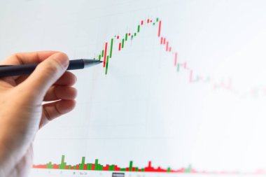 Borsa verilerini kontrol eden tüccarın eli, ekranda şamdanlar.