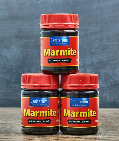 Auckland Nova Zelândia Circa 2016 Frascos Marmite Produto Popular Extrato — Fotografia de Stock