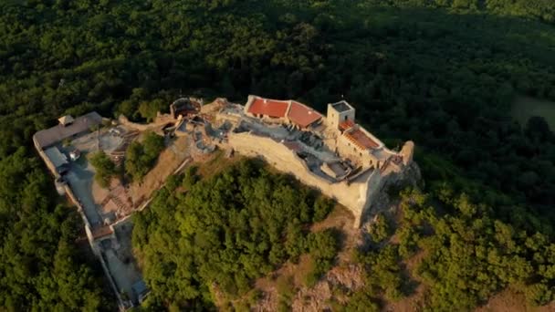 バラトン高地の丘の上にあるシグリジェ中世の要塞の城 空中ビュードローンショット — ストック動画