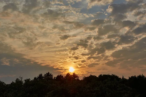 Закат Солнца Облачном Небе Над Деревьями — стоковое фото