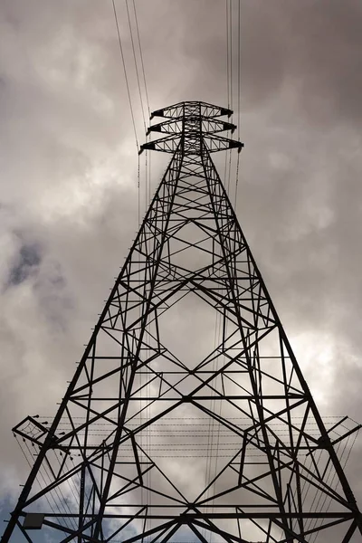 Stromleitung Drähte Strommasten Niedrigen Winkel Ansicht — Stockfoto