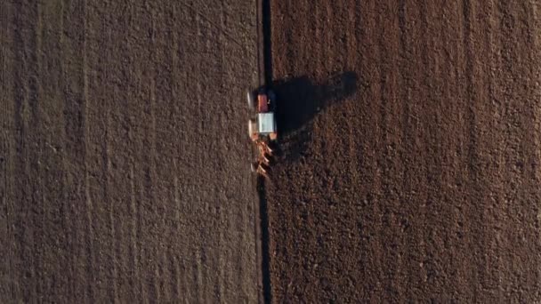 Mezőgazdasági Földeket Szántó Traktor Drónról Légi Felvétel — Stock videók