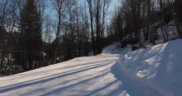 Катание Лыжах Альпах Медленный Легкий Склон Передвижение Точка Зрения Первого — стоковое видео