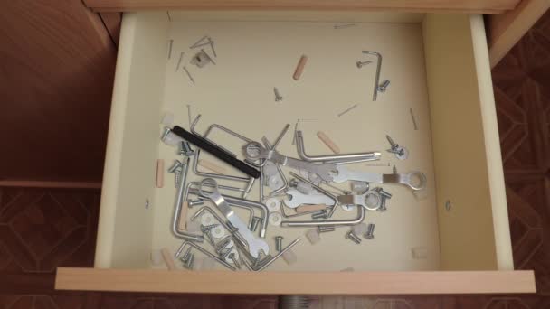 Metal Screws Tools Opened Drawer Home — Stock Video