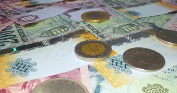Hromada Bankovek Kovových Mincí Maďarský Forint 20000 10000 5000 Posuvný — Stock video