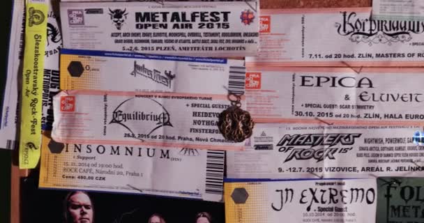 Prague Czechia Circa 2022 Concert Tickets Diplayed Pinboard Events Metal — Stock Video