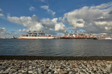 Cranes of a container shipping terminal in the port of Rotterdam, huge cargo ship loading