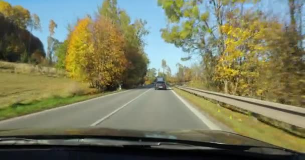 Autofahren Blick Herbst Malerische Straße Mit Bunten Blättern Gefallene Blätter — Stockvideo
