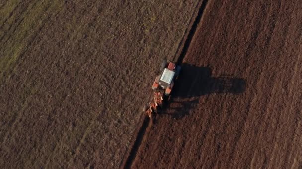 Orba Traktoru Zemědělských Polích Výhled Vzdušných Dronů Úrodná Hnědá Půda — Stock video
