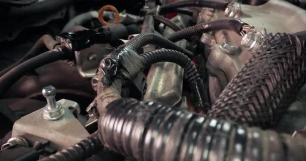 プローブマクロレンズクローズアップ Fpsで車のエンジンの詳細 — ストック動画