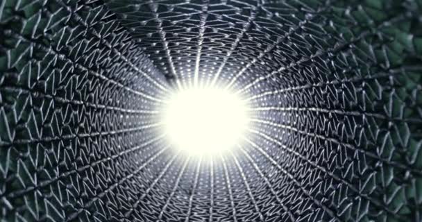 Futuristische Röhrenstruktur Holpriges Metallgitterrohr Kamera Fährt Durch Das Loch Licht — Stockvideo