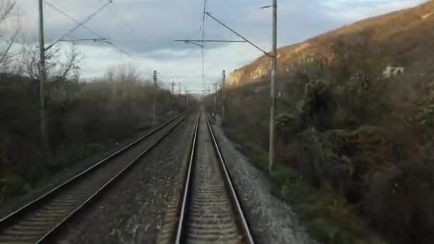 Ponto Vista Viagem Trem Cabine Motorista Viagem Ferroviária Linha Ferroviária — Vídeo de Stock