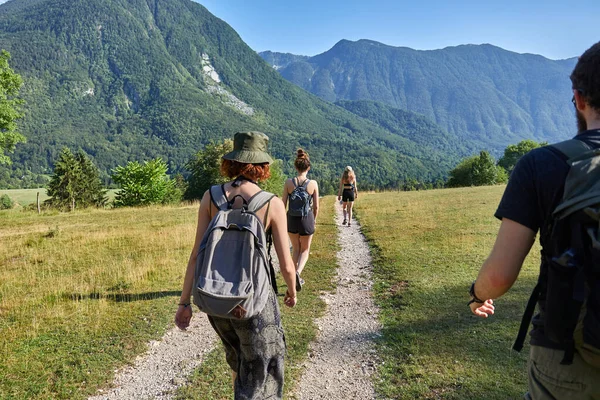 一群徒步旅行的人走在阿尔卑斯山的山水里 走在小径上 — 图库照片