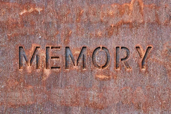 Word Memory Cut Rusty Metal Surface — Stock Photo, Image