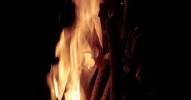 Gece yanan kamp ateşi, ormanda vahşi kamp