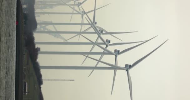 ロッテルダム港で回転する多くの風力タービンは 垂直ビデオに適しています — ストック動画