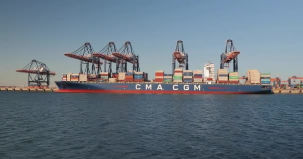 Rotterdam Ολλανδία Circa 2019 Εμπορευματοκιβώτια Φορτώνονται Ένα Τεράστιο Φορτηγό Πλοίο — Αρχείο Βίντεο