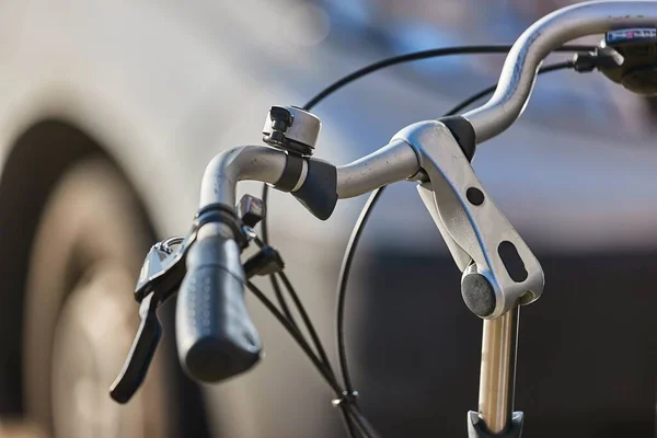 Bicycle Handlebar Urban Closeup Street — Stock Photo, Image