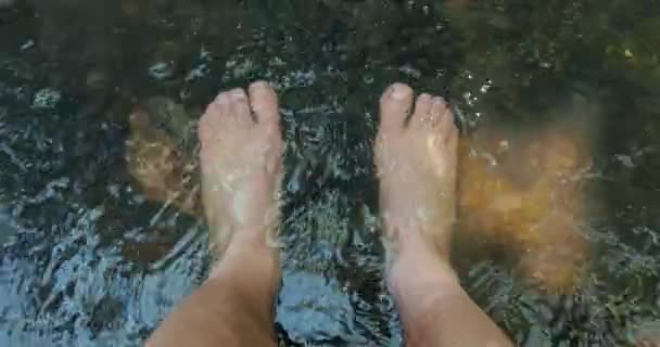 涼しい渓流で裸の足 夏のハイキングのためにリラックス スローモーション — ストック動画