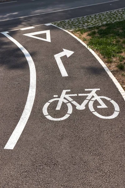 沥青路面上有转弯箭头的自行车道标志 — 图库照片