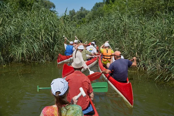 Tiszafured ハンガリー Circa 2019年8月 美しい自然環境の中でカヌー Tisza湖 ハンガリー 狭い水路に入る人々のグループ — ストック写真