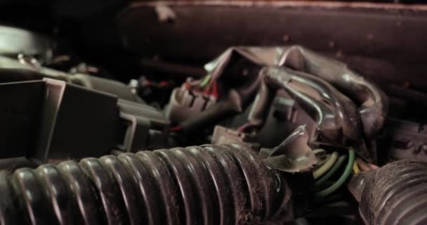 引擎盖下装有探头宏观透镜细节的汽车发动机 — 图库视频影像