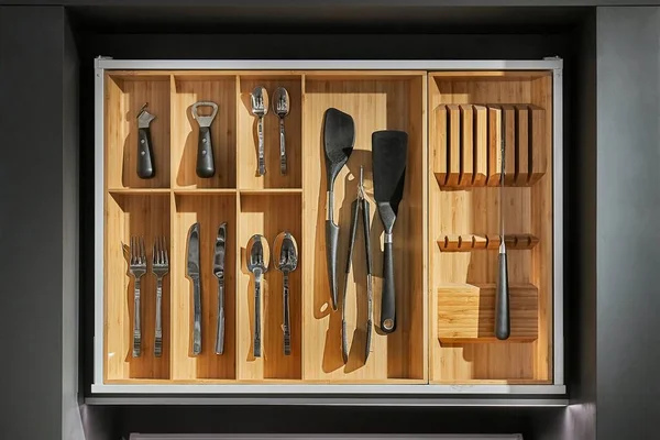 Kitchen Utensil Cutlery Drawer Organizer Tray Simple Set Tools Minimalist — Stock Photo, Image