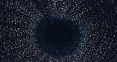 Gelecekçi görünümlü metal boru borusu, karanlık boşluğa doğru hareket eden kamera kara deliğin atomik çekirdeğini oluşturuyor, soyut radyasyon etkisi.