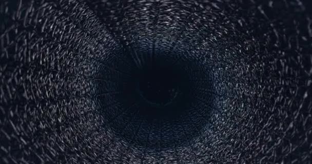 金属グリッド管の未来的な外観 ブラックホールの原子コアを形成する暗い黒い空所に向かって移動するカメラ 抽象的な放射線効果 — ストック動画