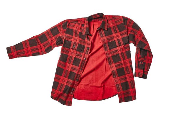 Red black checkered flannel shirt isolated on white background
