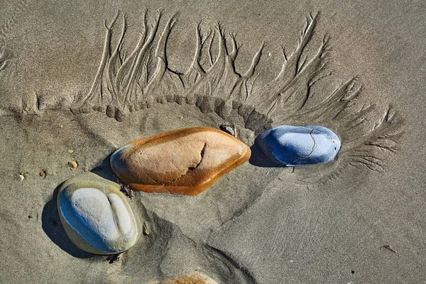 Pedrinhas Praia Arenosa Com Padrões Fluxo Água Redor Areia — Fotografia de Stock