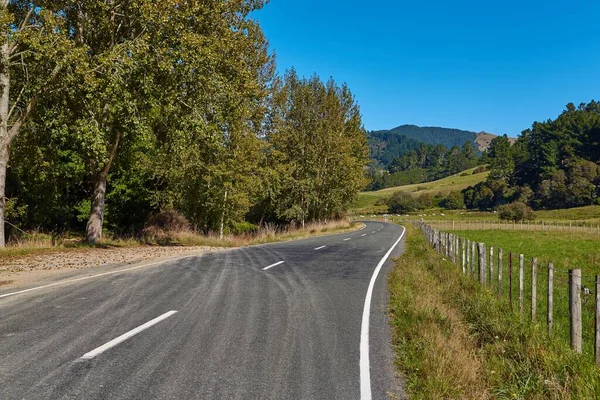 ニュージーランドの田舎の森や農場を通って道路の空のストレッチ — ストック写真