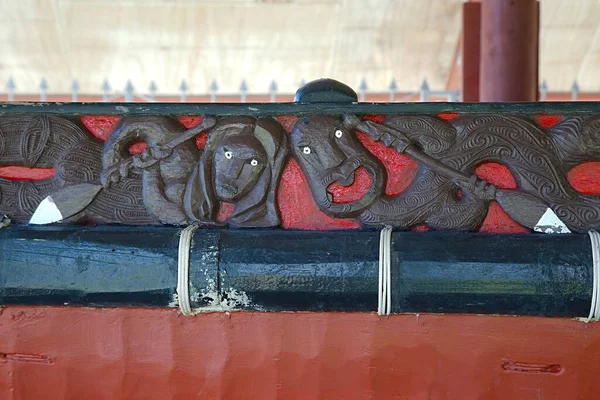 Whakatane New Zealand March 2016 Traditional Canoe Detail Decorated Maori Stock Picture