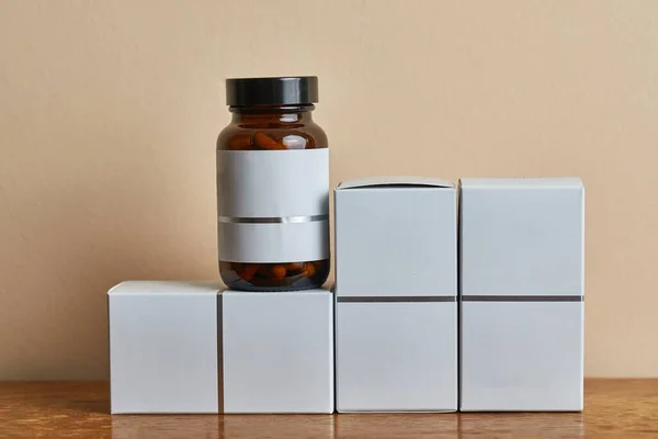 Boxes Bottles Drug Pills Vitamins Food Supplements Blank White Package — Stock Photo, Image