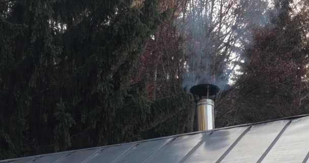Rök Stiger Från Skorstenen Alpin Hus Dal — Stockvideo