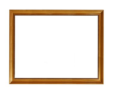 Boş beyaz arkaplanda boş ahşap çerçeve, resimler ve sanat için dekore edilmiş kenarlar