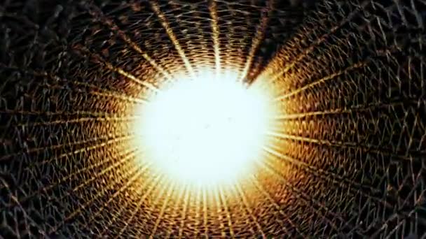 未来派管结构 凸起的金属网管 扭曲结构 隧道尽头的光 温暖的光芒 明亮的恒星闪耀的太阳辐射 金属纹理 — 图库视频影像