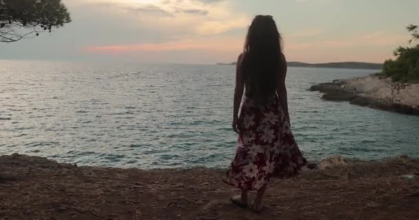 若い女性は 海の海岸で暖かい夏の夜を楽しんで スローモーション風がスカートを移動し スローモーション — ストック動画