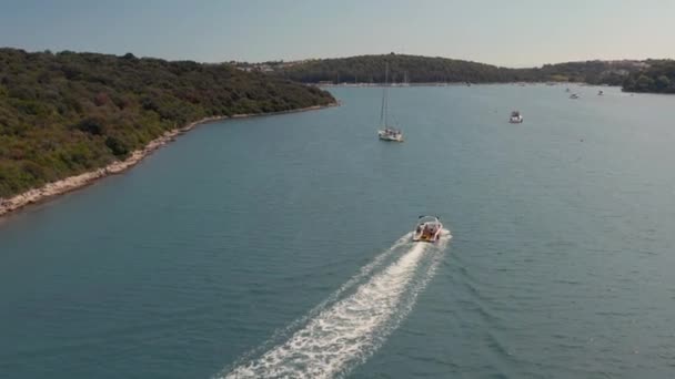 位于克罗地亚波拉附近的地中海上的一个有船只的海湾的空中景观 夏季度假目的地 — 图库视频影像