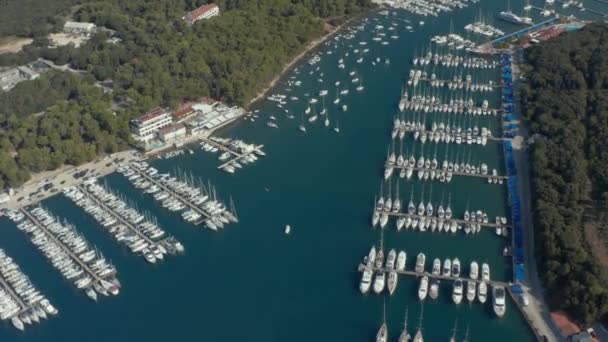 ドックで多くの帆船のための港とプラ クロアチアの空中ビュー — ストック動画