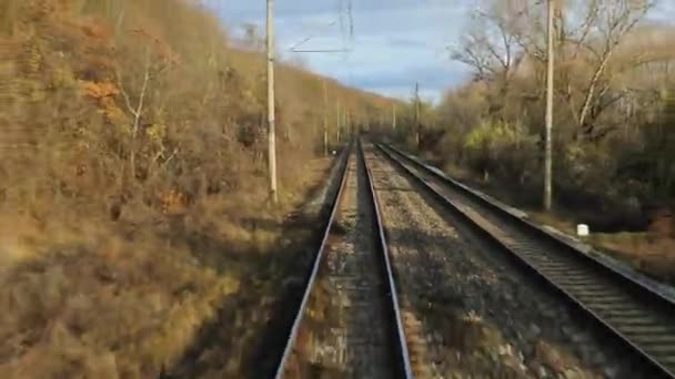 Junamatkanäkökulma Viimeisen Vaunun Takaa Syksyn Lehdet Liikkuvat Lentoturbulenssissa Matka Tonavan — kuvapankkivideo