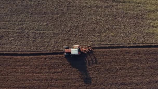 Tractor Plowing Agricultural Fields Aerial Drone View Food Production — Stock Video