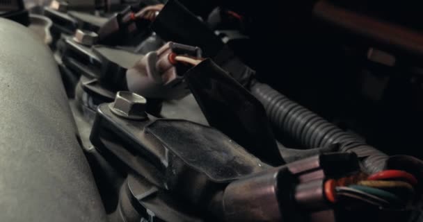 Подробиці Автомобільного Двигуна Макро Лінзою Зонда Всередині Бухти Двигуна — стокове відео