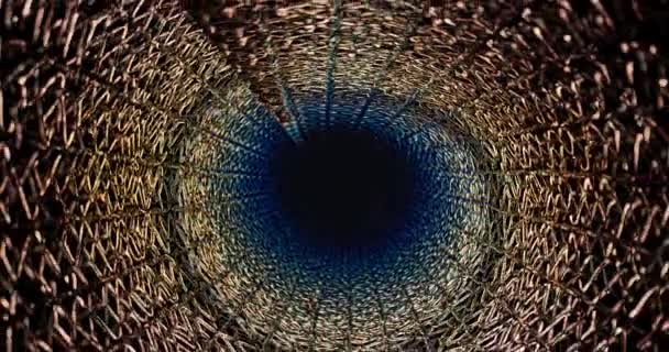 未来主义管结构 凸起的金属网管 照相机穿过结构 发光的形状形似瞳孔 — 图库视频影像