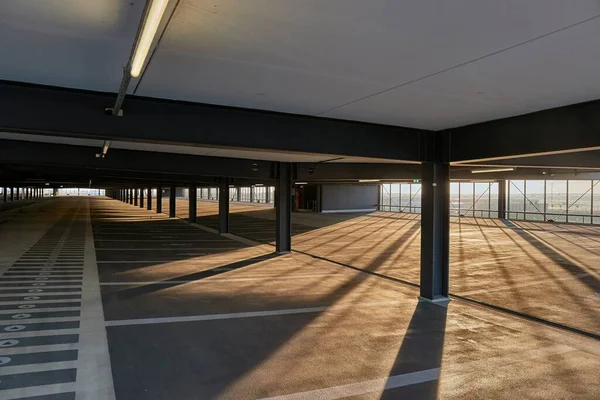 Empty Parking Lot Sun Light Beams Shadows Stock Photo